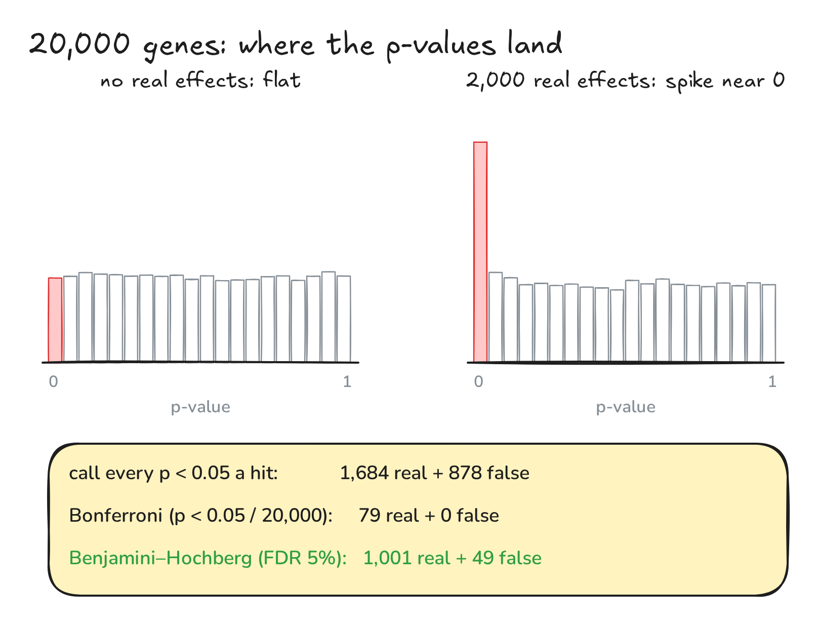 Fig. 6. p-value histograms and the effect of multiple-testing correction